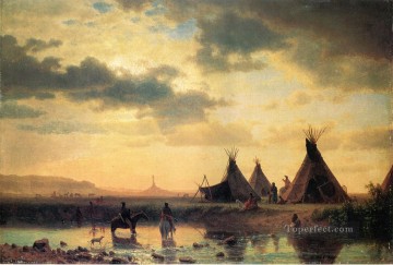  Americano Obras - Vista de Chimney Rock Ogalillalh Sioux Village en primer plano Indios americanos Albert Bierstadt